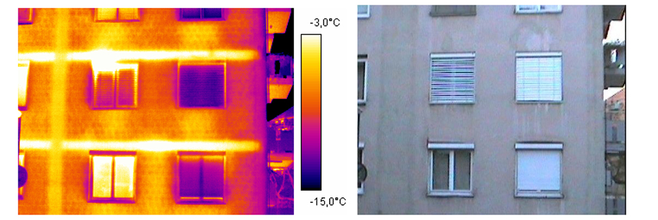 Thermographic picture of the façade of a building – in the infrared spectrum (7–15 μm) and visible spectrum