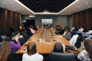 Investigative journalist Jeta Xharra conducts a conversation with the students of AAB College